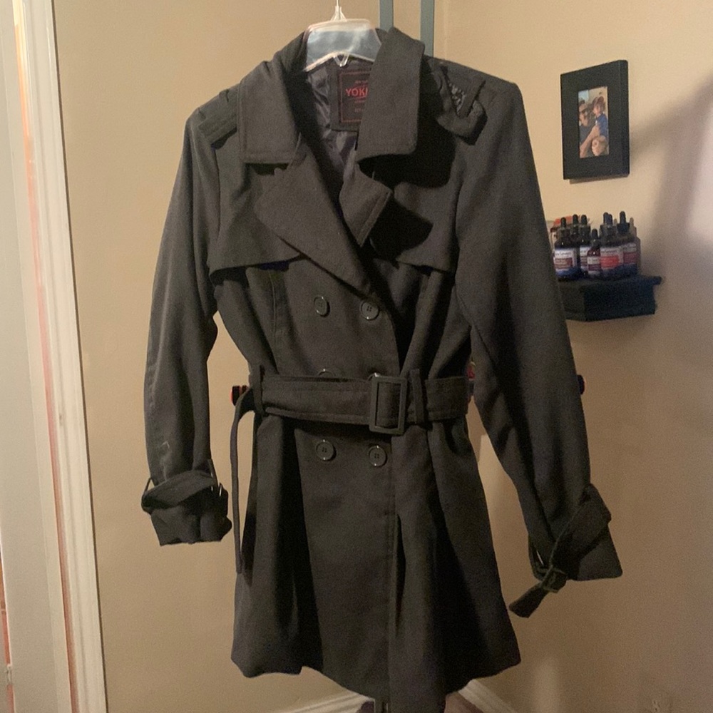Ladies dress coat, dark gray, belted 1XL